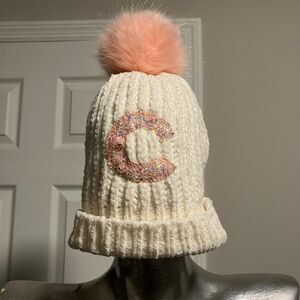 Cream Cableknit Beanie with Sparkly Pink Monogram C & Fuzzy Puff Ball
